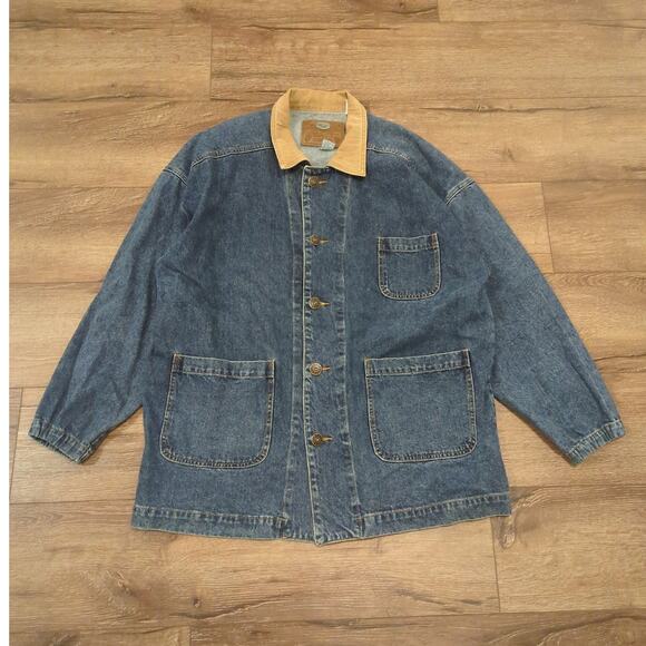 VTG Cosi Classics Men's Large Denim Jacket Chore Utility Tan Collar 100% Cotton - Picture 1 of 7